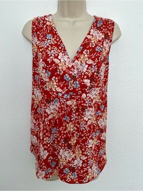 LOFT Red Orange Floral Sleeveless V-Neck Camisole Blouse Sz M